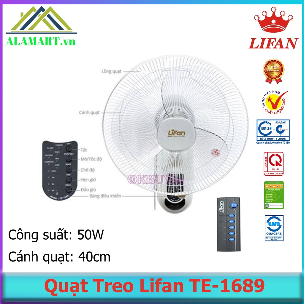 QUẠT TREO TƯỜNG LIFAN TE1689 có remote, đảo hình sóng, chuyển hướng gió lên xuống