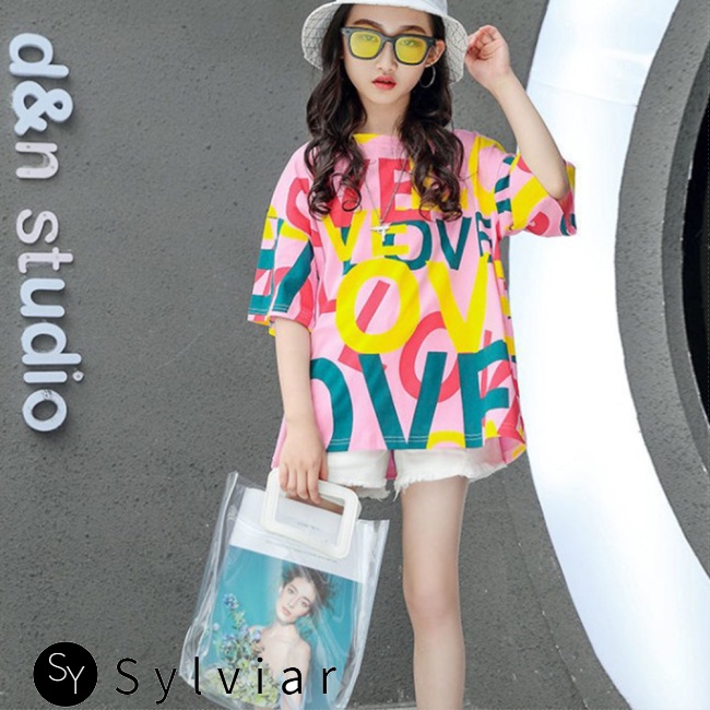 Áo thun tay ngắn cổ tròn dáng rộng in chữ thời trang cho bé gái 4-10 tuổi