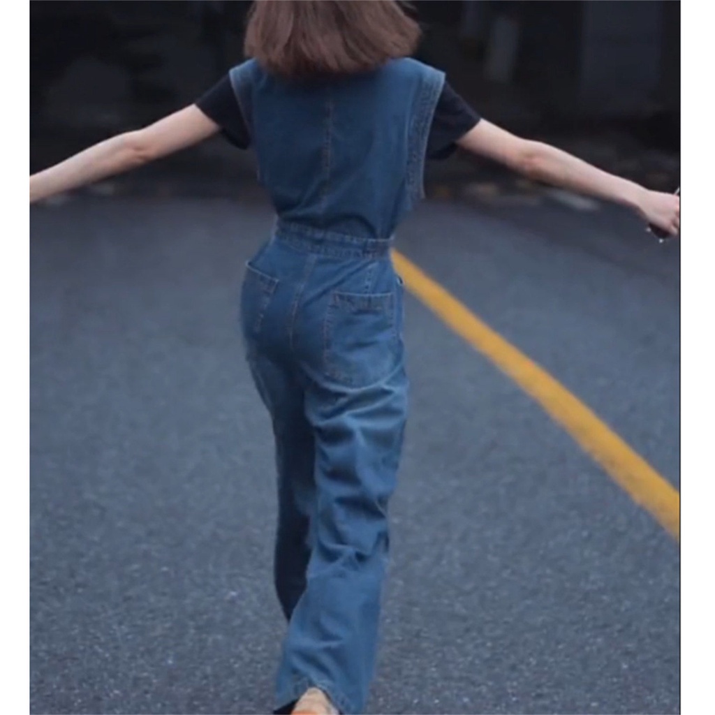 ☁✧Jumpsuit Denim Không Tay Ống Rộng Lưng Cao Phong Cách Hong Kong Thời Trang Mùa Hè 2022 Dành Cho Nữ