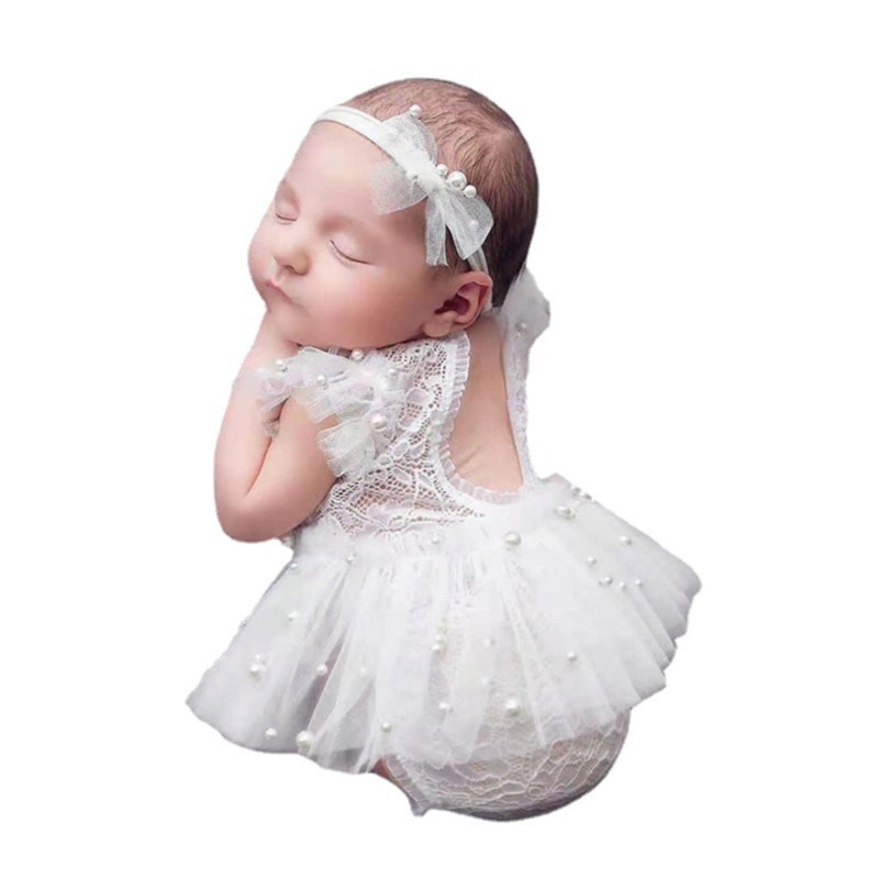 Bộ 3 Món Gồm Áo Liền Quần Ren + Chân Váy Ngắn Kèm Băng Đô Làm Phụ Kiện Chụp Ảnh Cho Bé Sơ Sinh