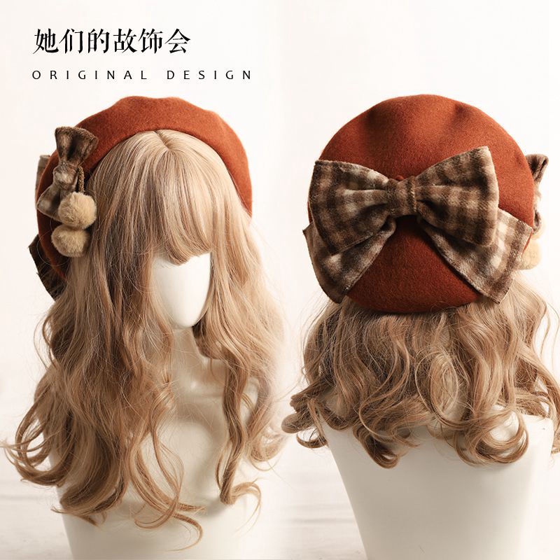 Mũ Beret Họa Tiết Sọc Caro Đính Nơ To Thời Trang Mùa Đông Theo Phong Cách Nhật Bản Cho Nữ Dễ Thương