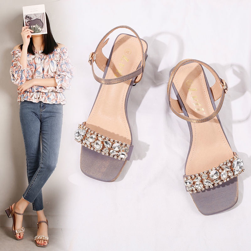 Giày Sandal Cao Gót Mũi Vuông Đính Đá Size Lớn Mẫu Mới 2021 Cho Nữ