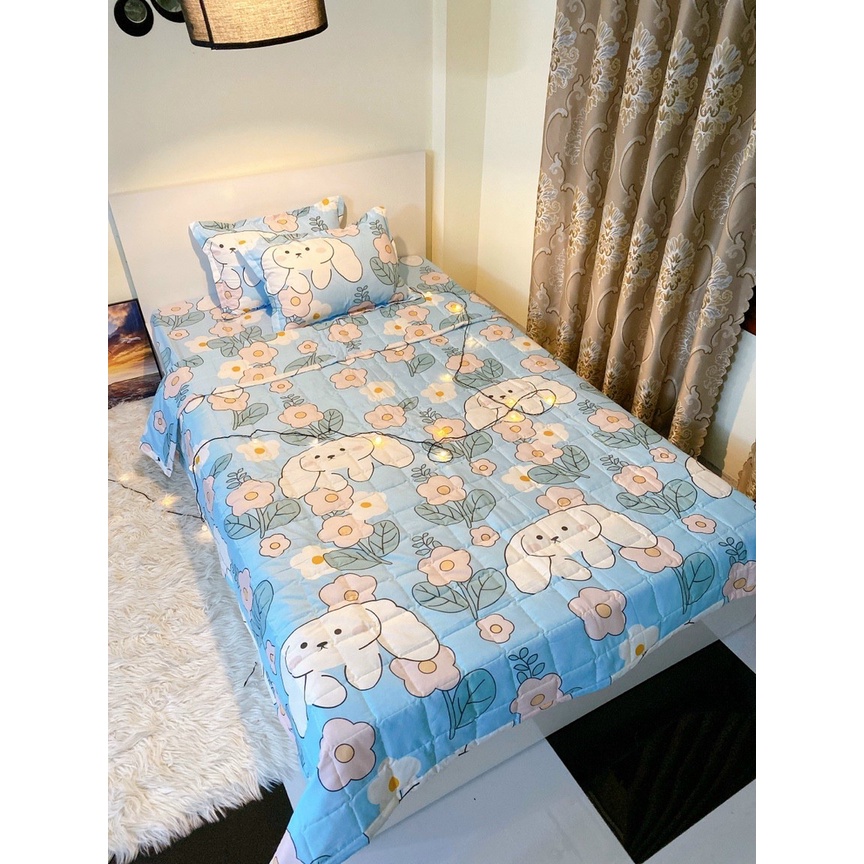 Set ga gối chăn hè chần bông Cotton 5 món EMMIBedding, mẫu Chó trắng tai dài mền cotton họa tiết đáng yêu