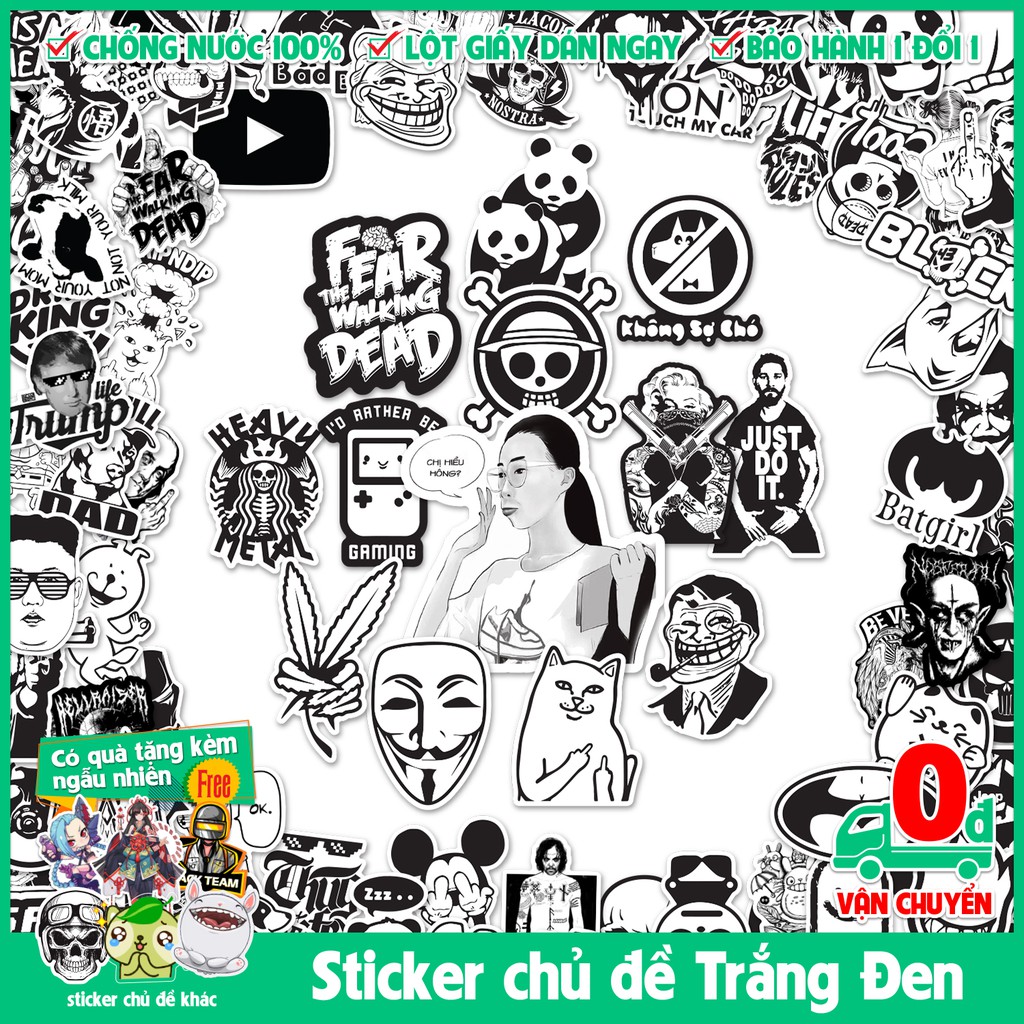 1000 mẫu sticker hình dán decal chủ đề TRẮNG ĐEN Black White dán điện thoại. laptop, xe đạp, nón bảo hiểm, vali, tủ lạnh