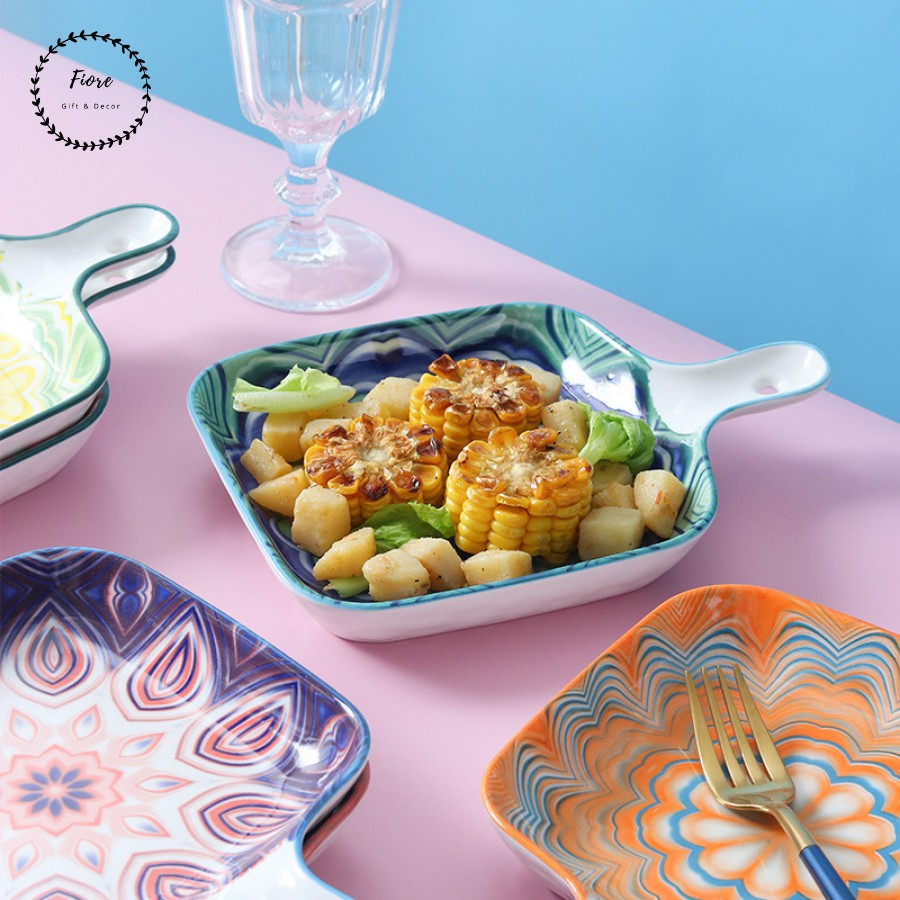 Đĩa nướng vuông có tay cầm Bohemia cực trendy - decor bàn ăn, quà tặng, đựng đồ nướng, salad, hoa quả tráng miệng