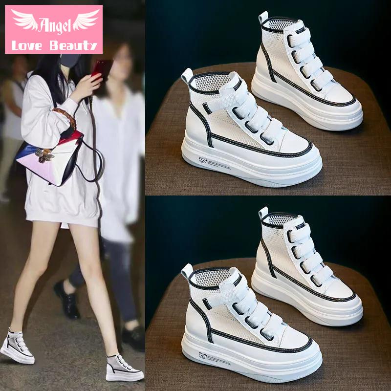 Giày Thể Thao Vải Canvas Phối Lưới Thoáng Khí Đế Dày Tăng Chiều Cao Thời Trang Mùa Thu 2021 Mới