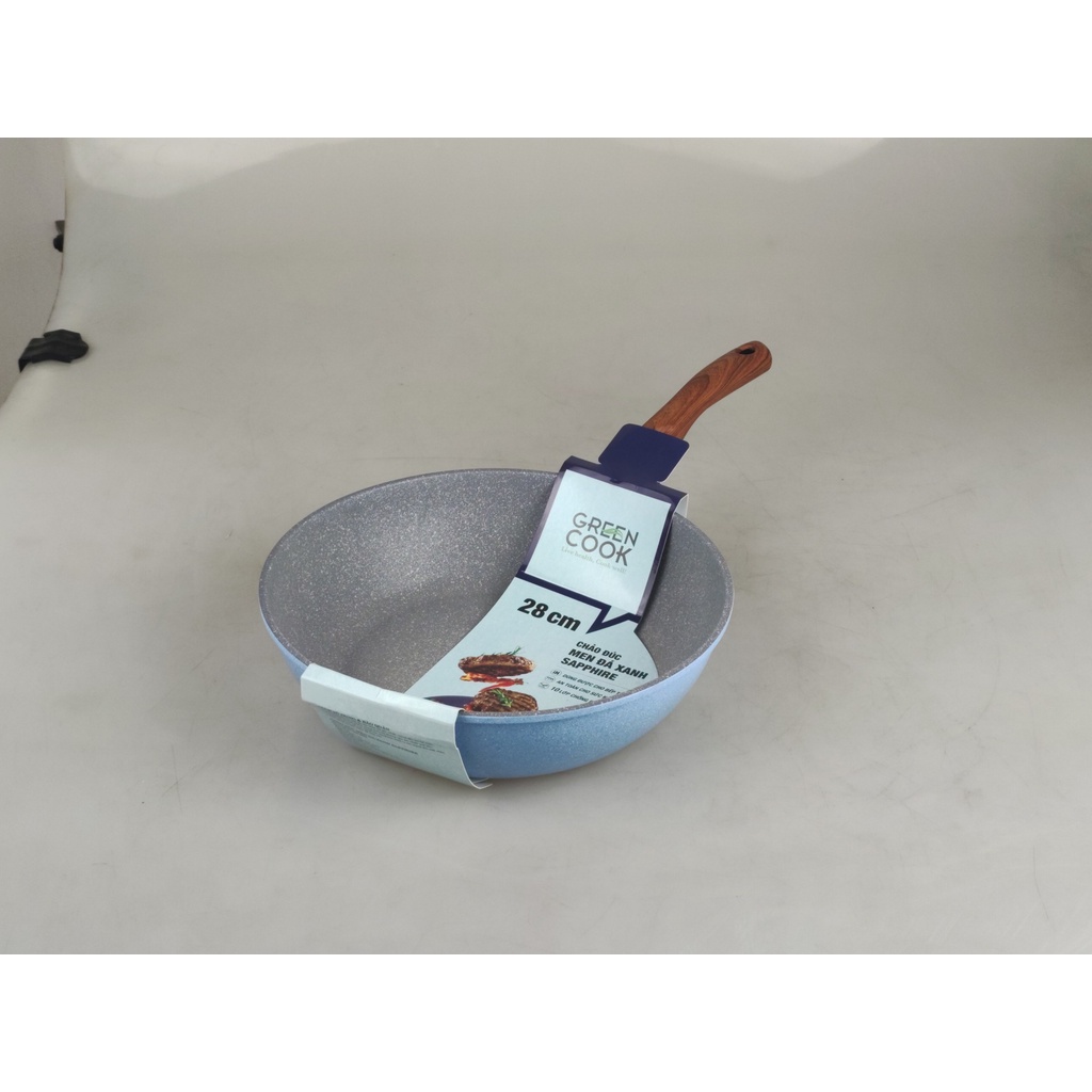Chảo đúc vân đá đáy từ Greencook GCP09 màu xanh, size 20/22/24/26/28/30cm, không kén bếp