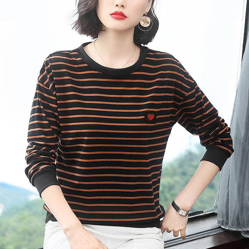 Áo thun tay dài cổ tròn dáng rộng họa tiết kẻ sọc thời trang cho phụ nữ trung niên