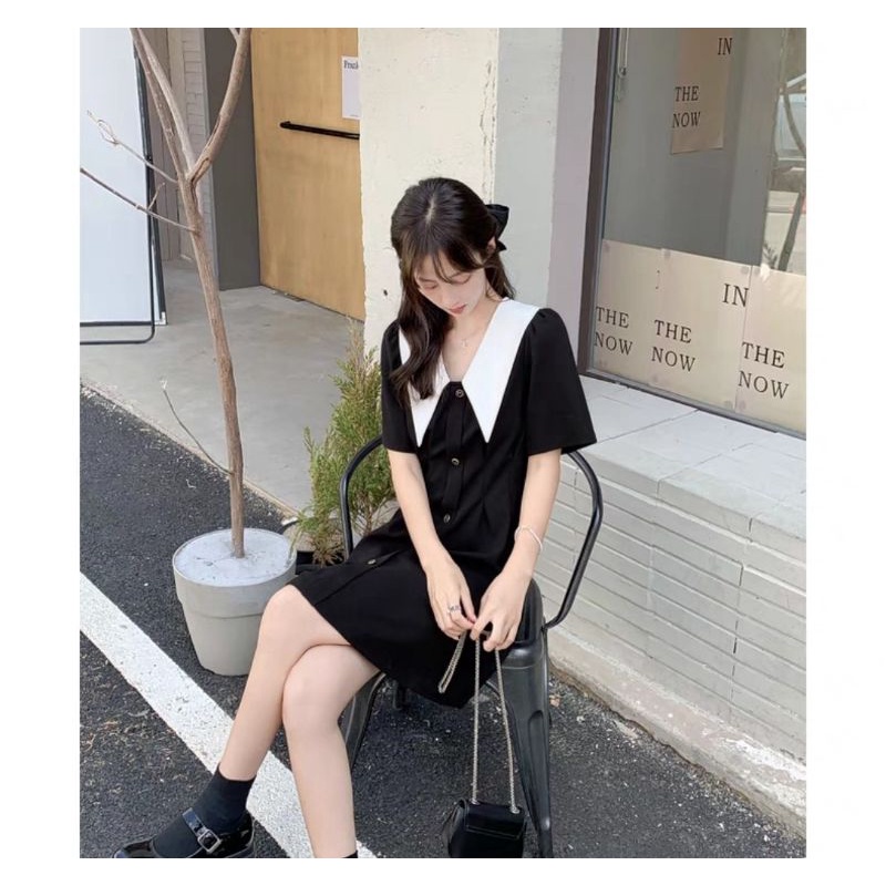 Đầm đen xòe dự tiệc phối cổ sen khuy trắng phong cách ulzzang  đi chơi đi làm by hanadress
