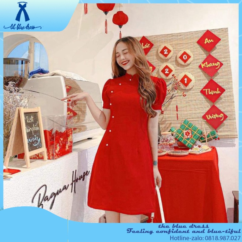 🔥QUẢNG CHÂU🔥 Áo dài cách tân nữ 3 màu đính hạt phong cách, đầm cổ tàu tay bồng ✨Noel Tết 2021✨ lady xanh