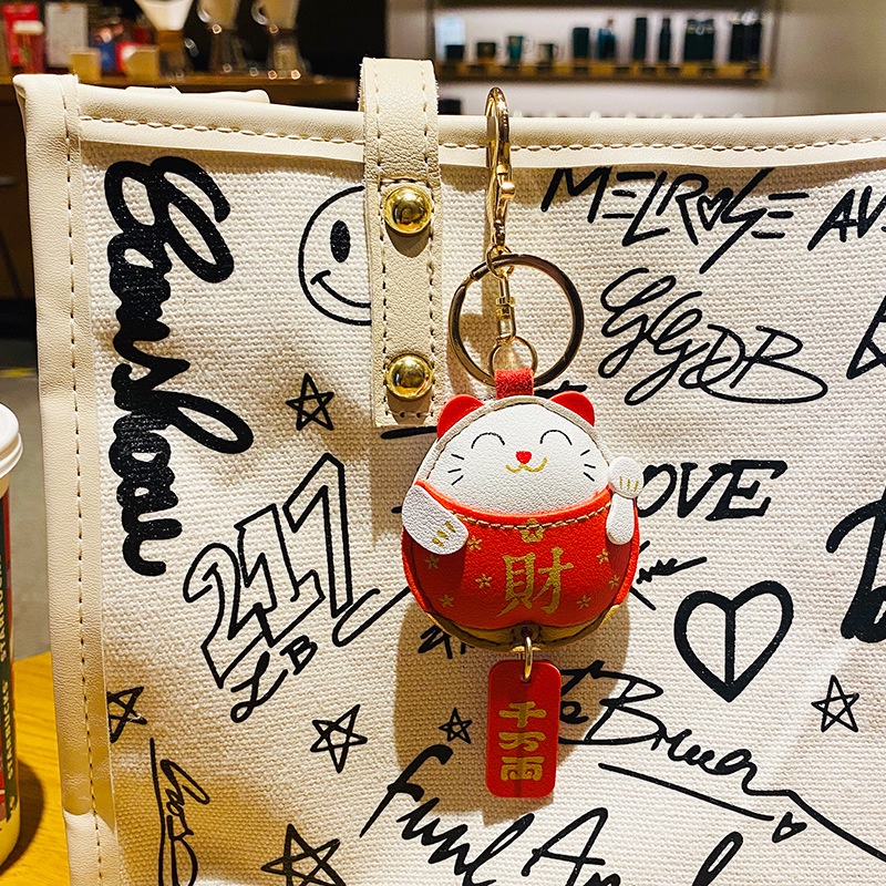 Móc Khóa Da Hình Chú Mèo May Mắn Đáng Yêu