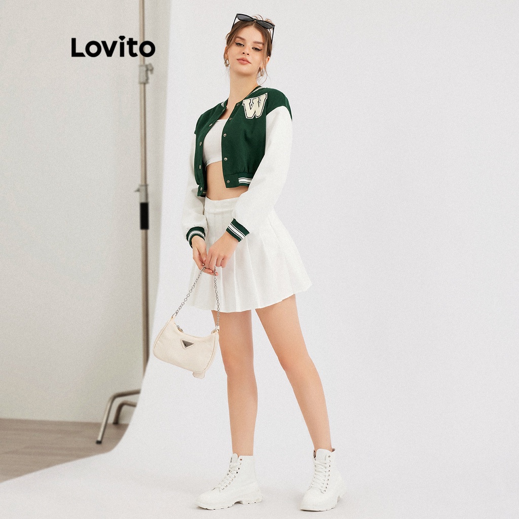 Áo khoác Lovito màu trơn họa tiết chữ cái ghép màu không biến dạng phong cách thường ngày L30ED026 (màu xanh lá)