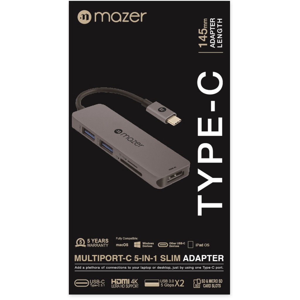 Cổng Chuyển Đổi Mazer USB-C to HDMI4K + USB 3.0X2 + SD/Micro SD Adapter