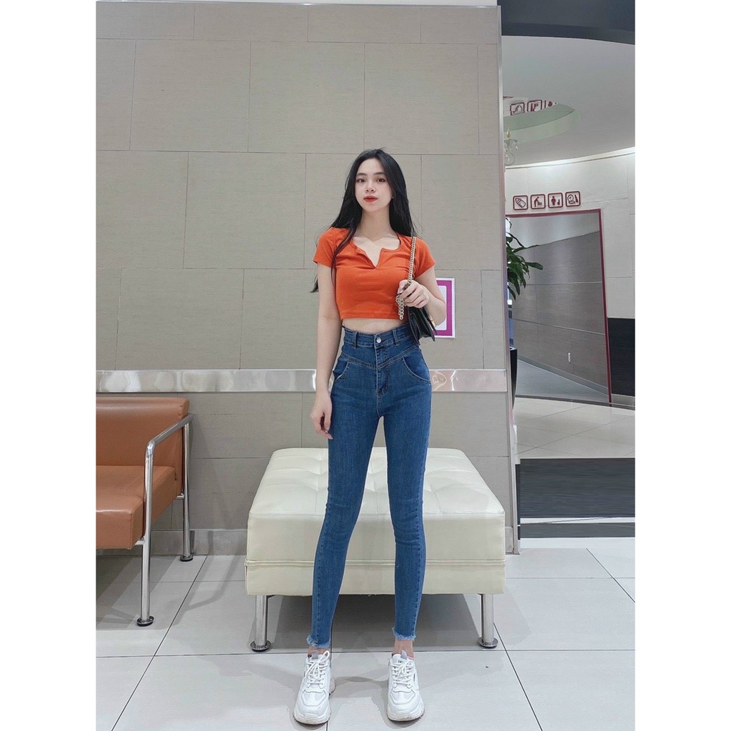 Quần jean nữ lưng cao LẰN V ĐAI TRƯỚC màu xanh PHONG CÁCH chất jean giãn tốt Vlantu-1-6