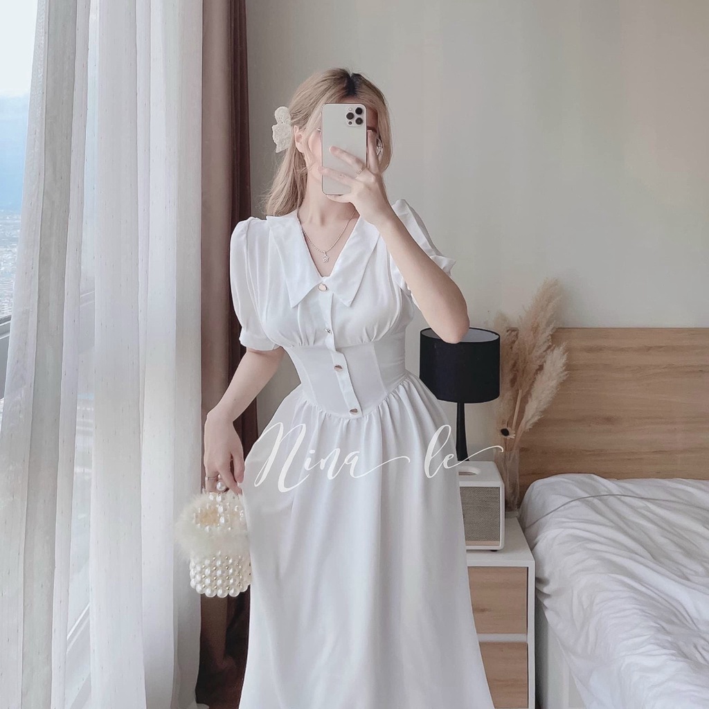 Đầm Đi Tiệc Thời Trang Nữ Cổ Sơ Mi Bèo Đính Nứt Ở Ngực Tay Búp - Chân Váy Dáng Dài Xòe Rộng Chất Umi Mịn