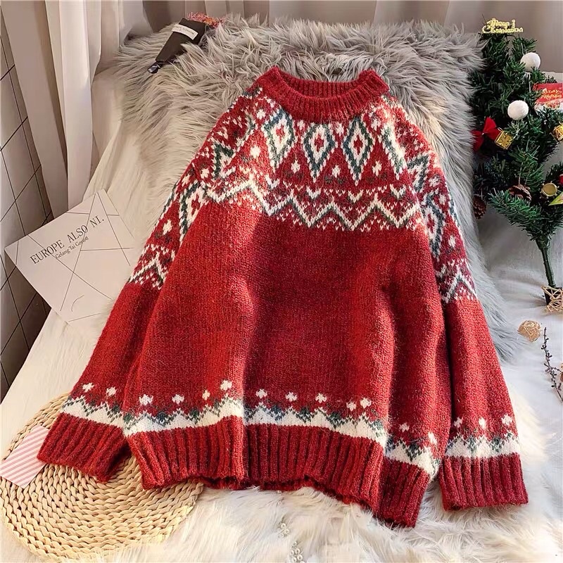 Áo len thổ cẩm nữ hoạ tiết Hàn Quốc xinh xắn/ Áo len hoạ tiết Noel siêu ấm