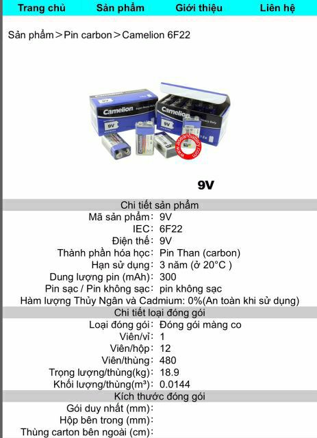 Pin 9V vuông Camelion hộp 12 viên