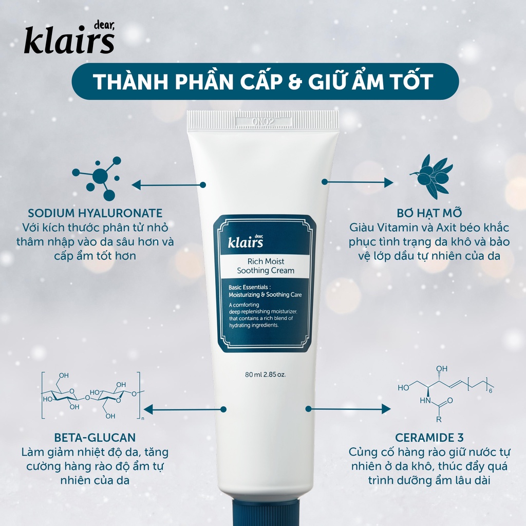 Combo Dear, Klairs tinh chất Rich Moist Soothing Serum 80ml + Dear, Klairs Kem dưỡng Rich Moist Soothing Cream 80ml