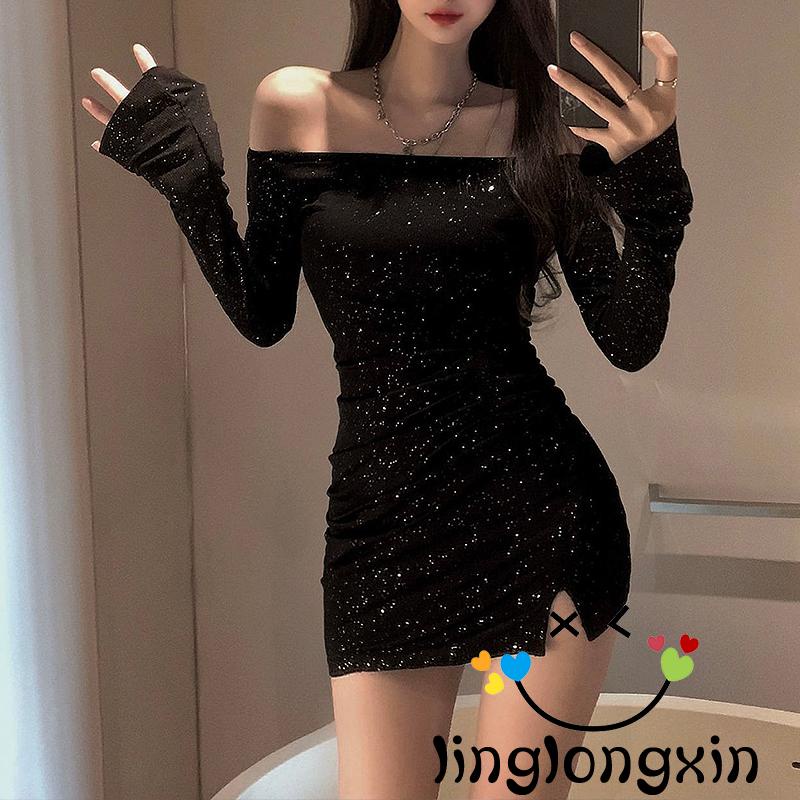 Linglongxi2-đầm Quấn Tay Dài Hở Vai Màu Đen Đính Đá Trang Trí Dành Cho Nữ Size S / M / L / XL / XXL