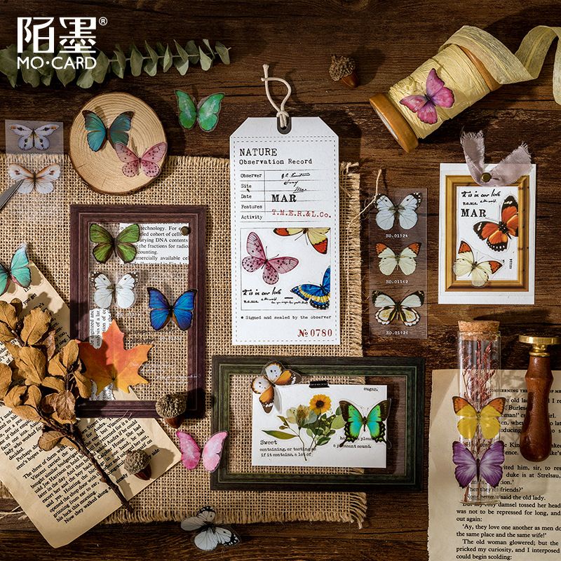 S15 - Dải sticker PET chống nước masking tape bươm bướm vintage cổ điển MoCard trang trí sổ bullet journal, junk journal