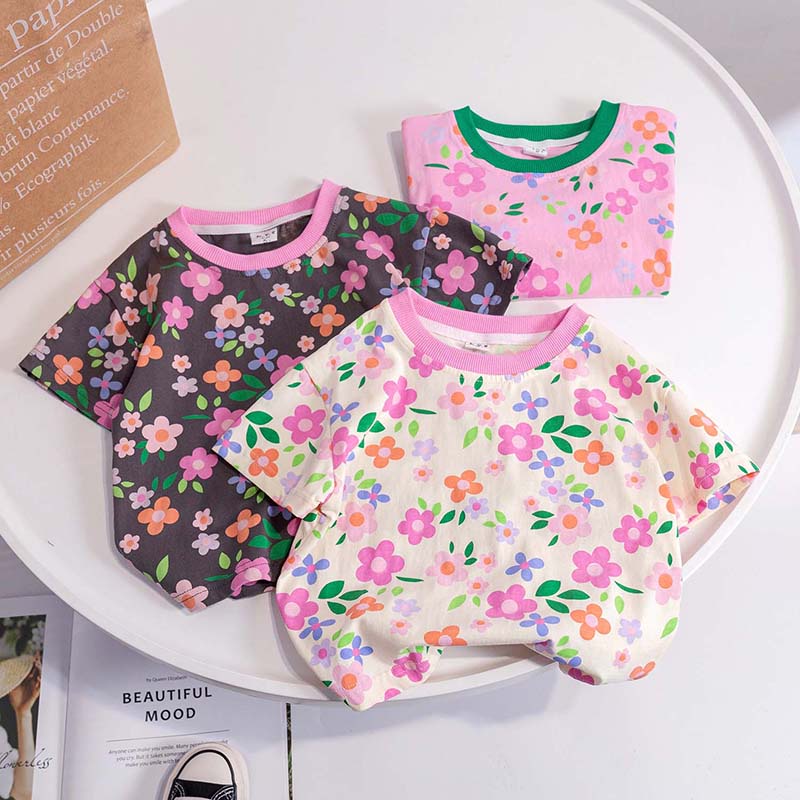 Áo Thun Tay Ngắn Cổ Tròn In Hình Hoa Hồng Bằng Cotton Thời Trang Mùa Hè Dành Cho Bé Gái 2-6 Tuổi