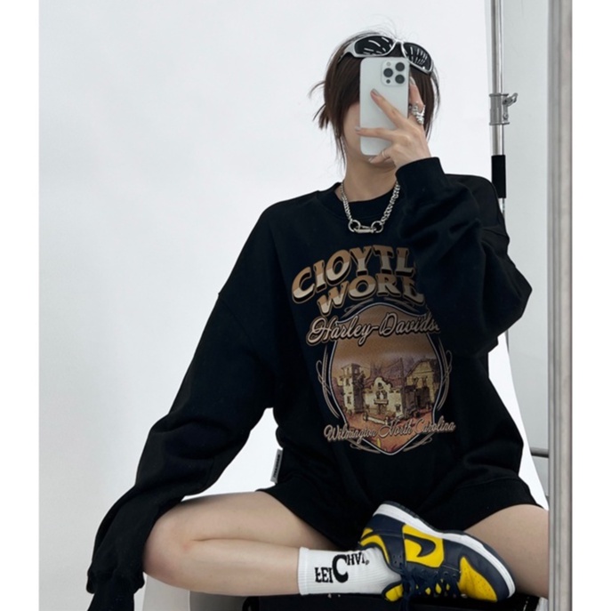 FOCUS Áo Nỉ nữ harajuku retro trắng bigsize áo dài tay unisex 100%cotton