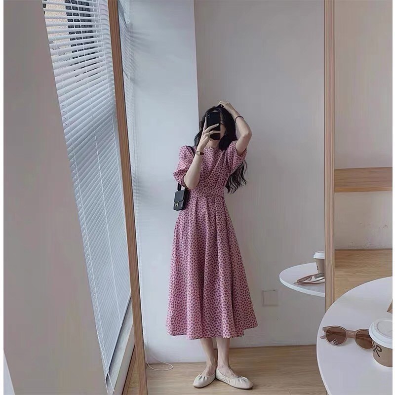 Váy tim ulzzang dáng dài cổ tròn voan tơ - Đầm hoa nhí Vintage Vaytimhong