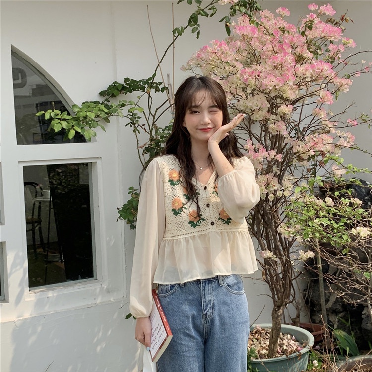 SUXI Áo Sơ Mi Tay Dài Cổ Chữ V In Họa Tiết Hoa Phong Cách Vintage Hàn Quốc