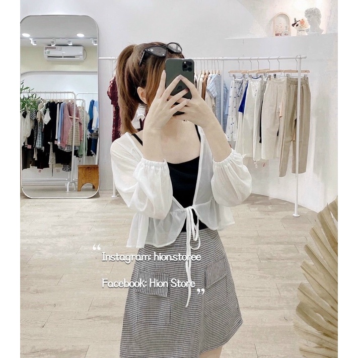 SET 3 MÓN : KHOÁC PEPLUM VOAN TRẮNG + CROP ĐEN 2S + CHÂN VÁY CARO