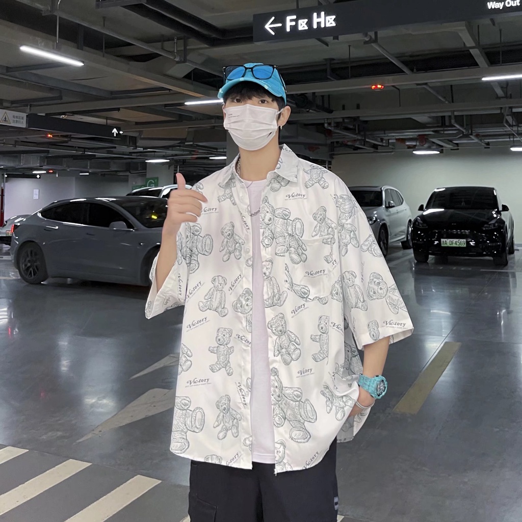 Short Sleeve Shirt With Cartoon Bear Pattern High Quality Korean Style Summer Fashion 2022 For Men