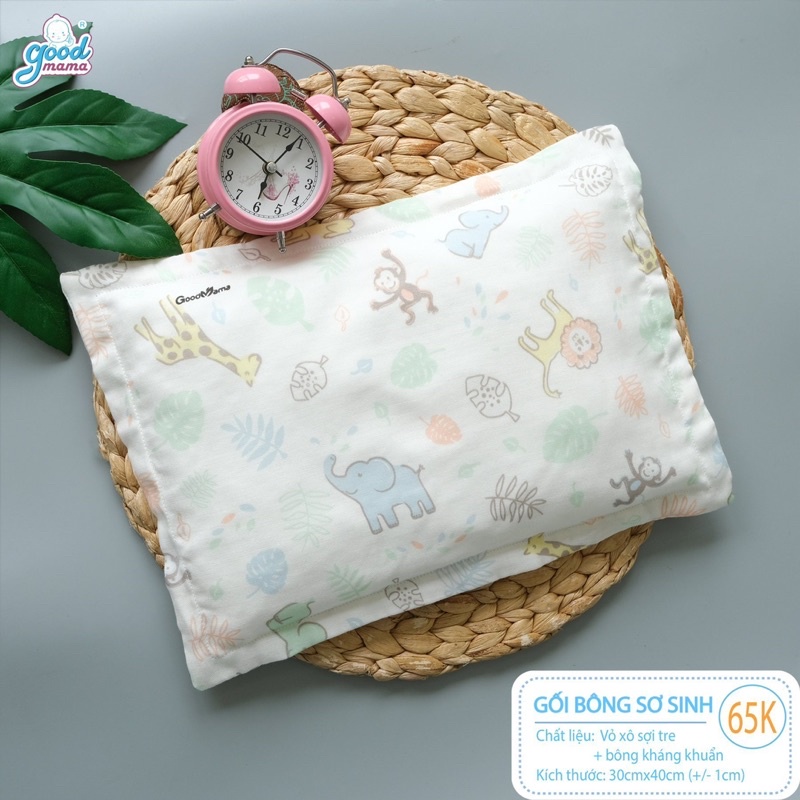 Gối Bông Sơ Sinh Cho Bé Goodmama vỏ xô sợi tre, bông microfiber kháng khuẩn tự nhiên