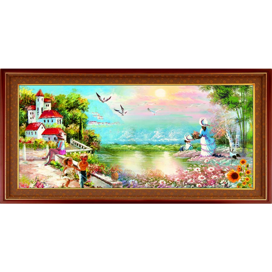 Tranh Dán Tường 3D Phong Cảnh Đồng Quê Yên Bình có viền khung giả, hình hòn non bộ, mùa lá vàng rơi, đồng quê miền núi