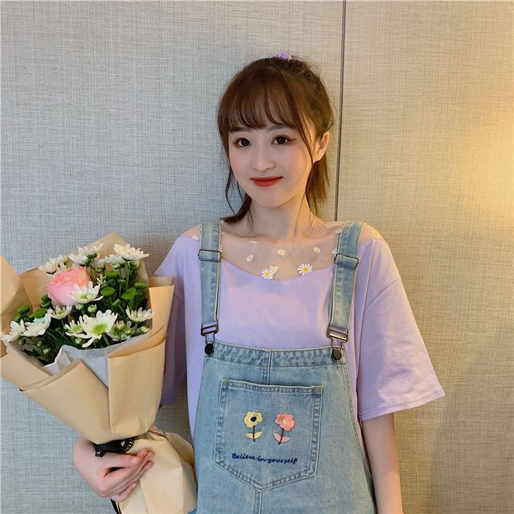 Áo Phông Nữ Summer New Daisy Yarn Splicing Loose Short Sleeve T-shirt Female Student Top