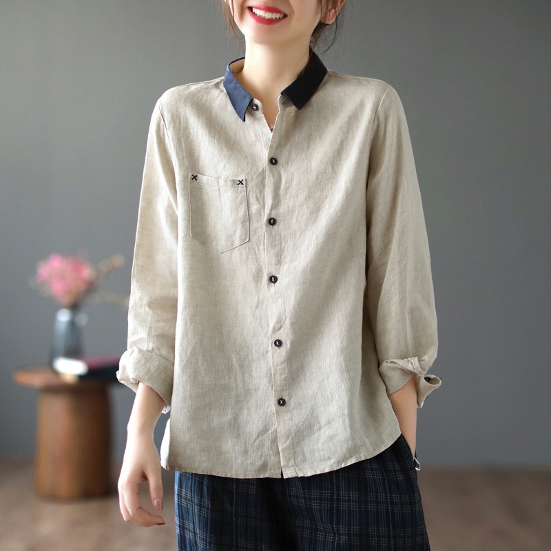 Áo kiểu bằng cotton lanh mát tay dài thời trang nữ