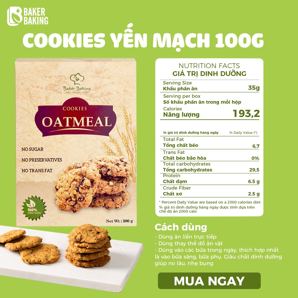 Bánh Cookies Yến mạch Chocolate Chip BakerBaking - Healthy, Eat clean ăn kiêng giảm cân 100g