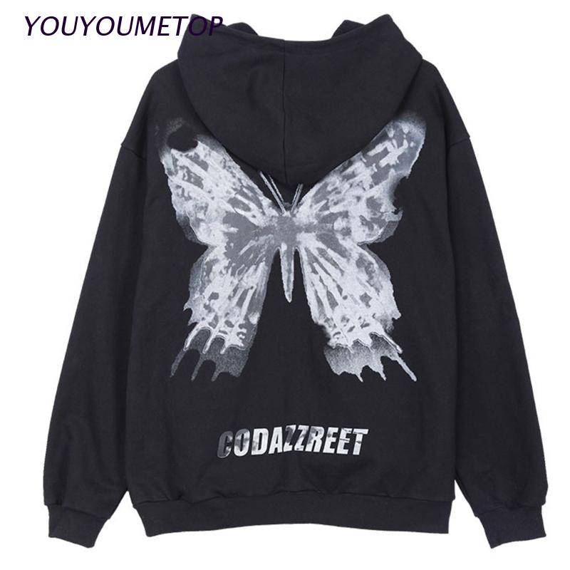 YOUYO Women Gothic Punk Butterfly Print Hoodies Jacket Harajuku Hip Hop Long Sleeve Zip Up Sweatshirt Oversized Loose Coat