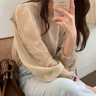 Áo Voan Tay Dài Cổ Tròn Họa Tiết Hoa Cúc Cổ Điển 36292 Cho Nữ