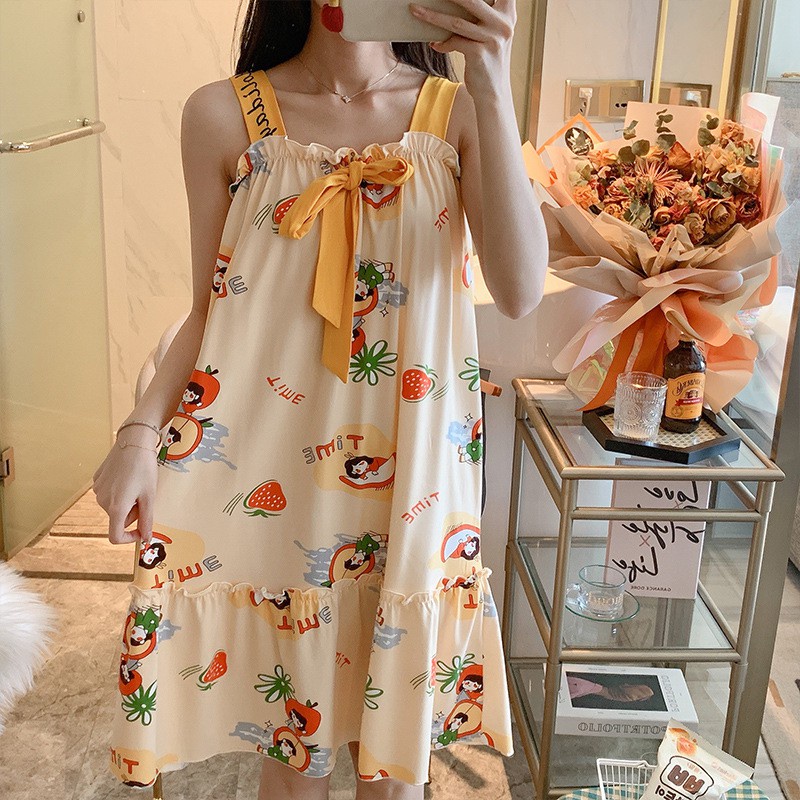 Váy Ngủ Nữ Hai Dây Dáng Suông Qua Gối, Đầm Ngủ Thun Cotton Phối Nơ Latozia BDN19