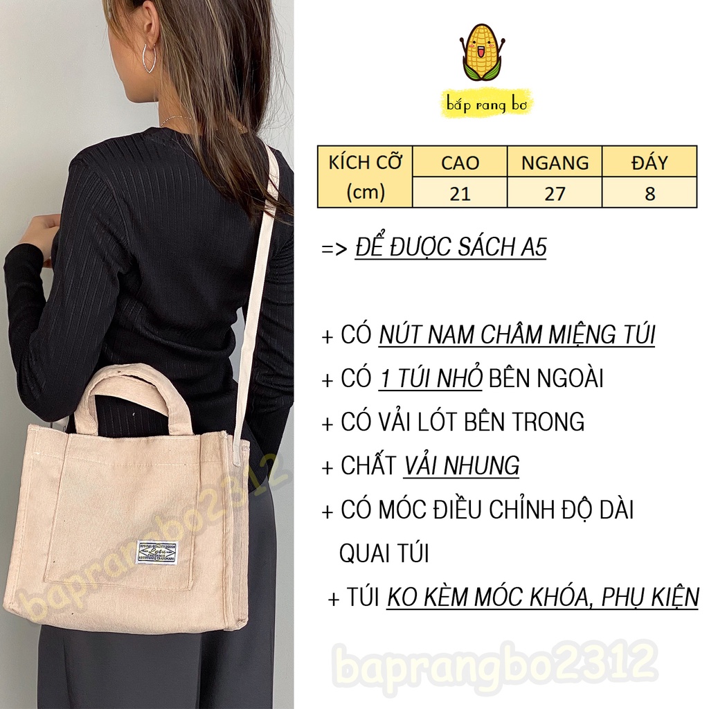Túi đeo chéo Tote Vải Nhung mini size nhỏ nam nữ unisex phối đồ Đi Học Đi Chơi Đựng sách a5