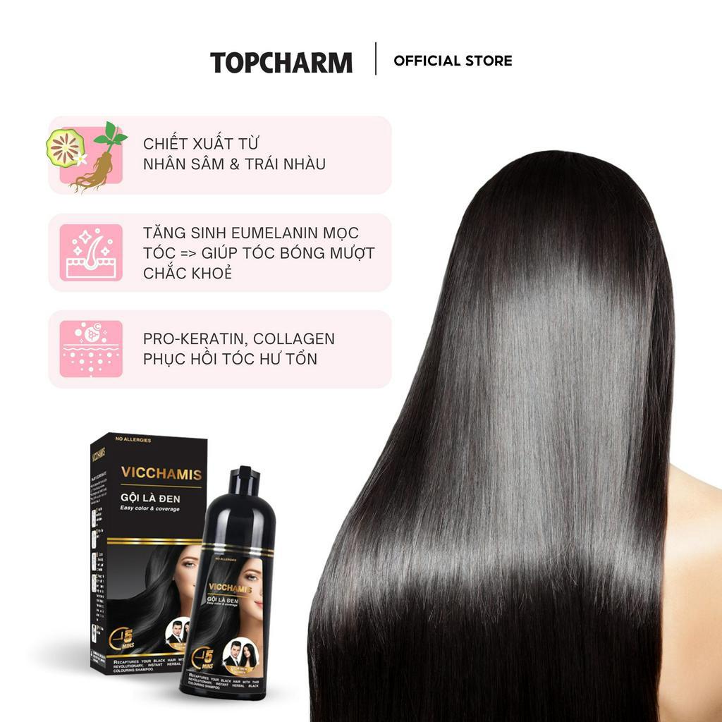 Dầu gội phủ bạc VICCHAMIS màu đen, dầu gội nhân sâm GỘI LÀ ĐEN mềm mượt tóc - Chai 500ml