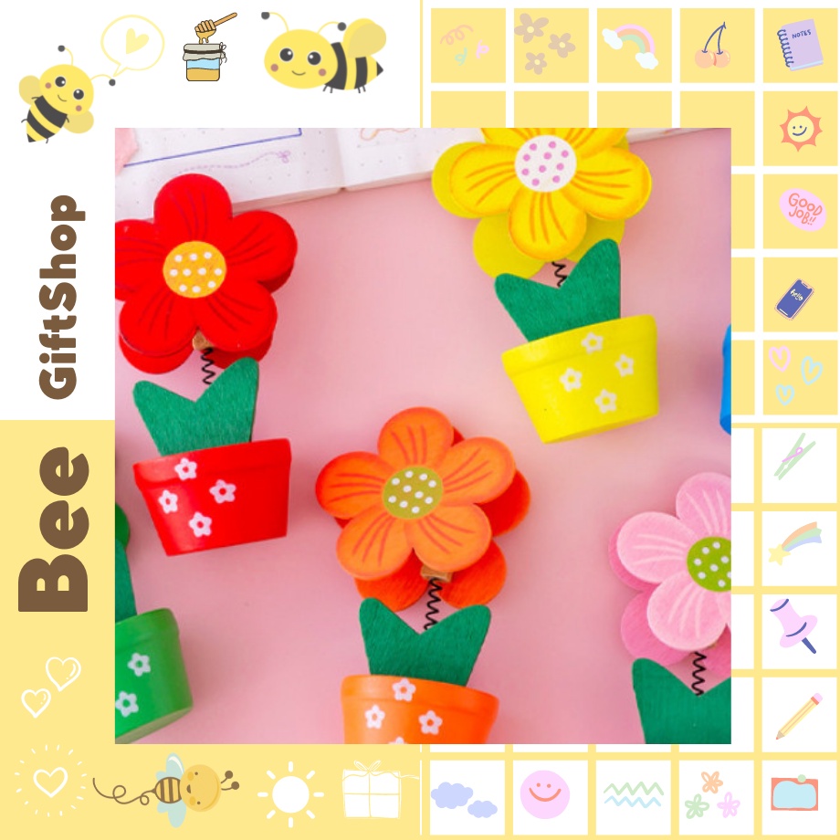 Kẹp ảnh, kẹp giấy nhớ, bài kiểm tra hình chậu hoa bằng gỗ siêu cute