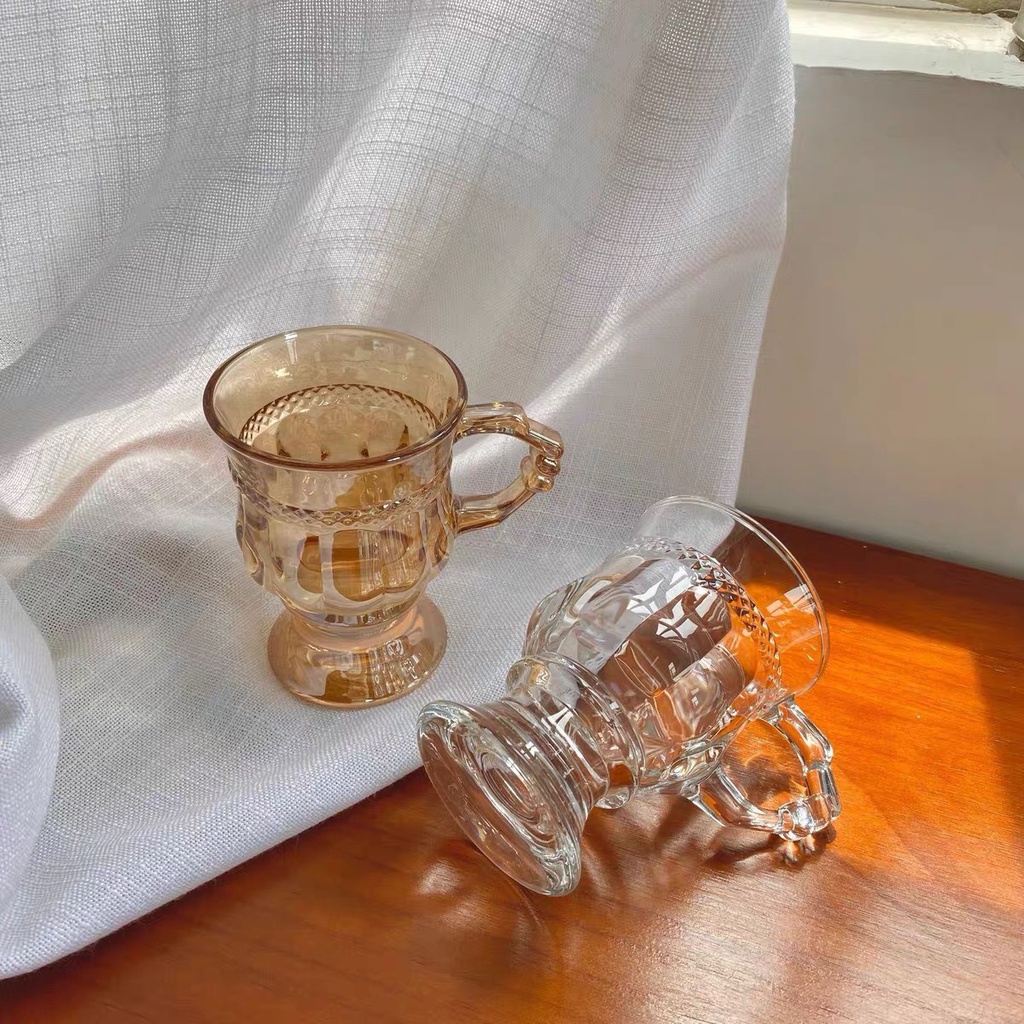 Cốc thuỷ tinh Vintage có quai chịu nhiệt decor trang trí ly hoạ tiết đẹp Lucica