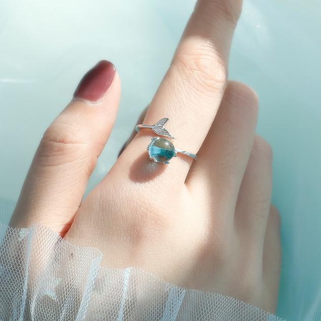 Nhẫn Hở Đính Đá Pha Lê Màu Xanh Dương Hình Đuôi Cá Phong Cách Cổ Điển Thanh Lịch Tùy Chỉnh Cho Nữ
