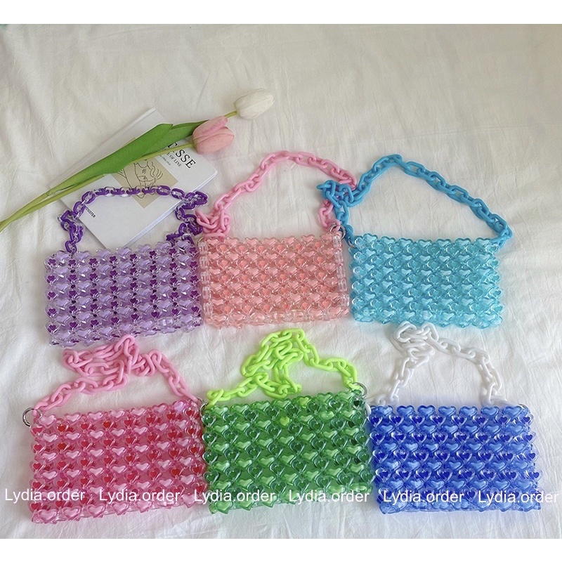 Túi xách hạt acrylic trái tim màu hồng TỰ LÀM