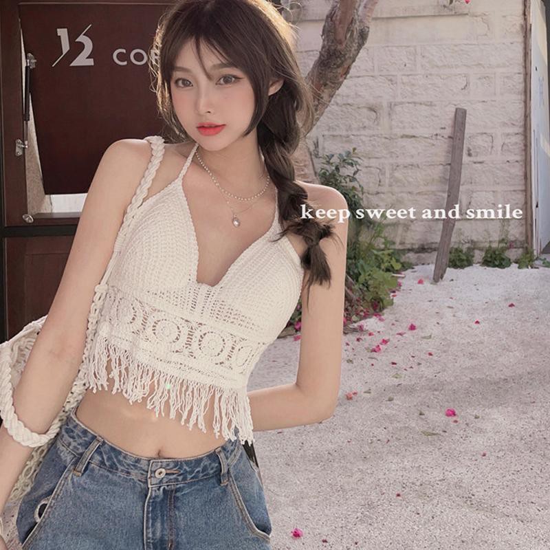 Suspended vest women wear summer neck hanging outside and seaside chest pad short fringed beautiful back lace-up white top