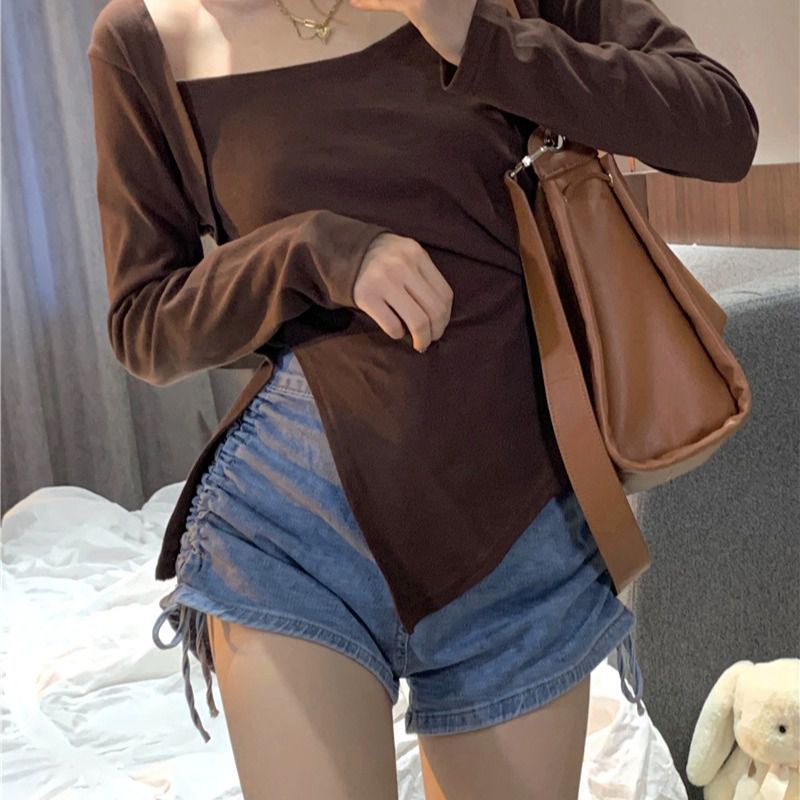 Áo Sơ Mi Lửng Tay Dài Có Cổ Dáng Ngắn Màu Trơn Và Tinh Khiết Mới Dành Cho Bạn Nữ