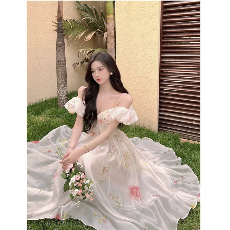 Đầm 2 dây voan hoa bẹt vai