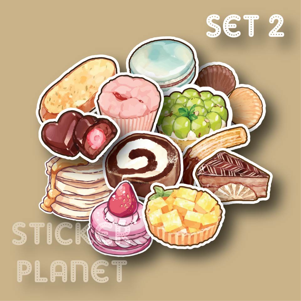 Bộ sticker chống thấm nước trang trí mũ bảo hiểm, đàn, guitar, ukulele, điện thoại laptop chủ đề đồ ăn điểm tâm