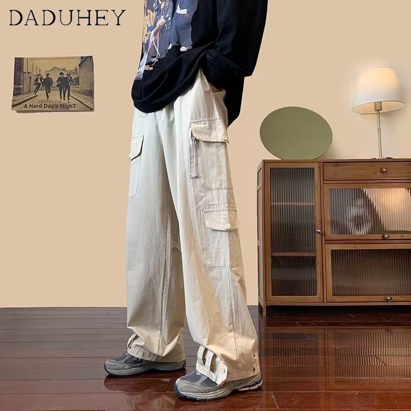 DaDuHey Men's and Women's Autumn Overalls Solid Color Wide Leg Loose Adjustable Ankle-Tied Multi-Pocket Casual Working Pants