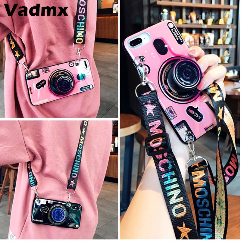 Ốp lưng hình camera cho Samsung Galaxy A71 A51 A11 S20 Plus Ultra J4 J6 Plus J4+ J6+ A7 A8 A6 S9 S10 Plus 2018 Note 10 Plus kèm giá đỡ + Lanyard